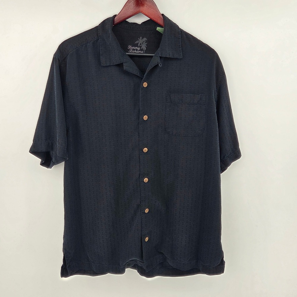 Tommy Bahama Men Medium Black Silk Embroidered One Down Two To Go Hawaiian Shirt
